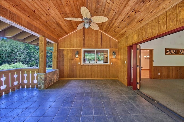 432 Black Forest Rd, Glen Spey, NY 12737 - unfurnished room with wooden walls, vaulted ceiling, ceiling fan, wood ceiling, and wainscoting