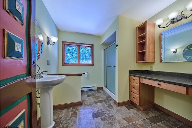 432 Black Forest Rd, Glen Spey, NY 12737 - bathroom with a baseboard radiator, stone finish floors, and a shower stall