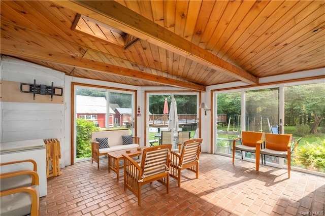 sunroom featuring vaulted ceiling with skylight and wood ceiling