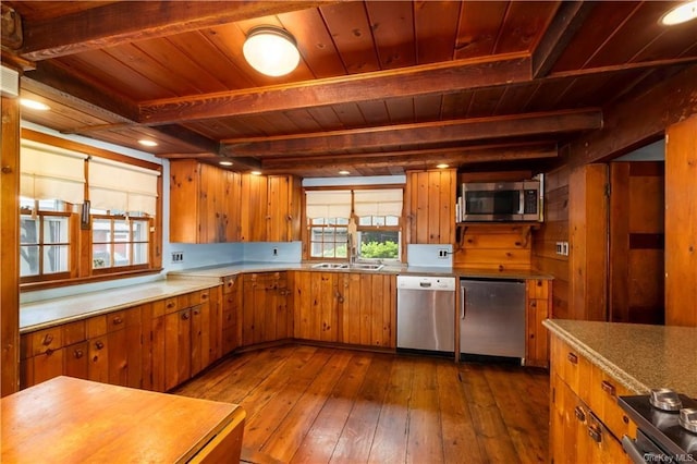 kitchen with dark hardwood / wood-style floors, beam ceiling, wood ceiling, and appliances with stainless steel finishes