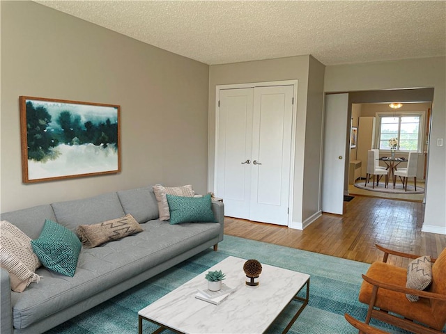 living room featuring wood-type flooring and a textured ceiling