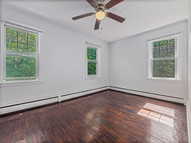 empty room featuring wood-type flooring, a baseboard radiator, ceiling fan, and crown molding