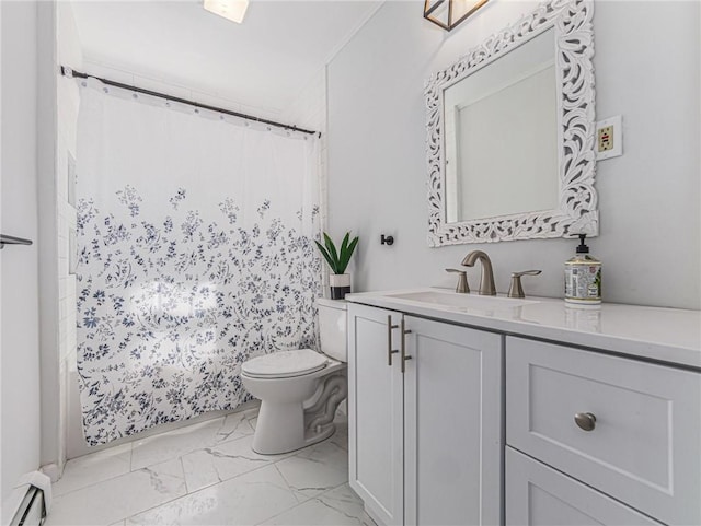 bathroom with a shower with curtain, vanity, a baseboard radiator, and toilet