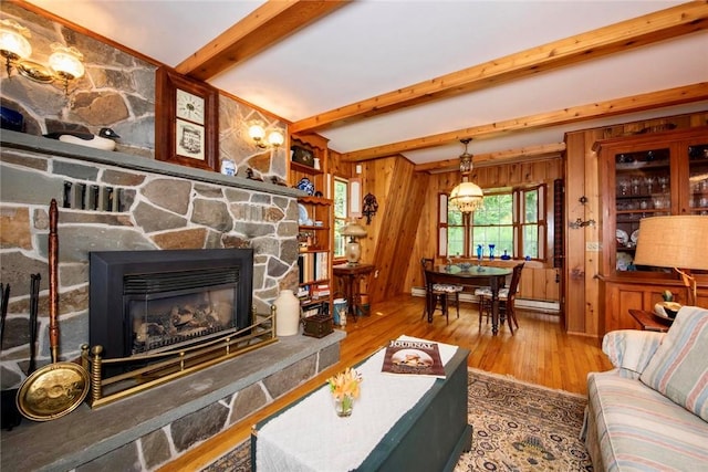 living room featuring beam ceiling, wood-type flooring, a fireplace, and wooden walls