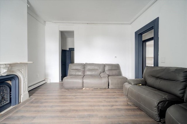 living room with hardwood / wood-style floors, ornamental molding, and a baseboard radiator