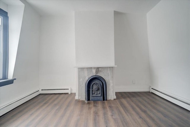 unfurnished living room featuring dark hardwood / wood-style flooring and baseboard heating