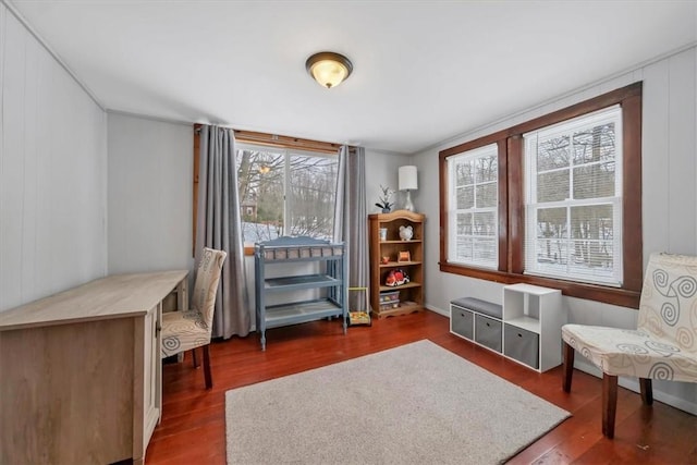 sitting room with dark hardwood / wood-style flooring