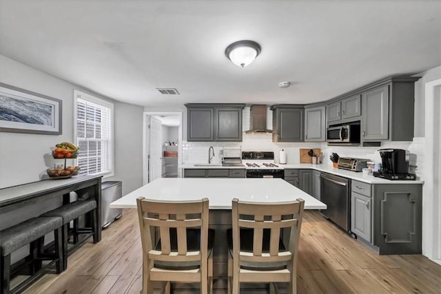 kitchen featuring appliances with stainless steel finishes, light wood-type flooring, gray cabinets, and wall chimney range hood