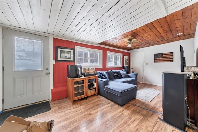 living room with ceiling fan, light hardwood / wood-style floors, and wooden ceiling