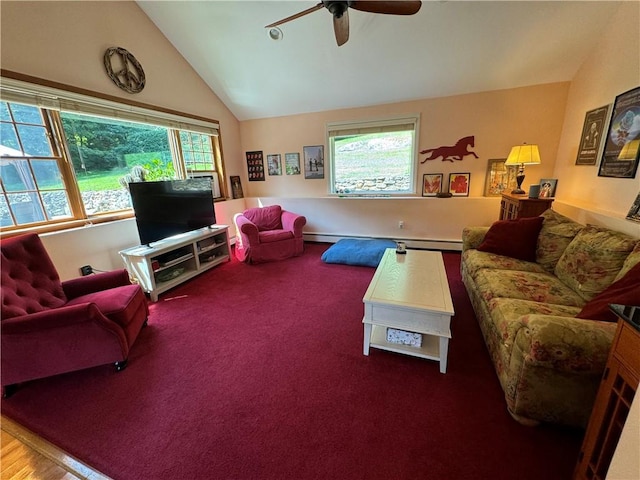 living room featuring a baseboard radiator, ceiling fan, and lofted ceiling