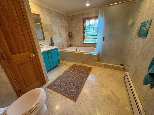 full bathroom with ornamental molding, tile walls, and independent shower and bath