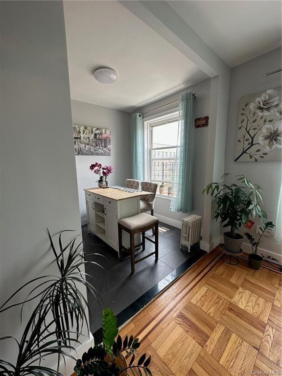 dining space featuring radiator and dark parquet floors