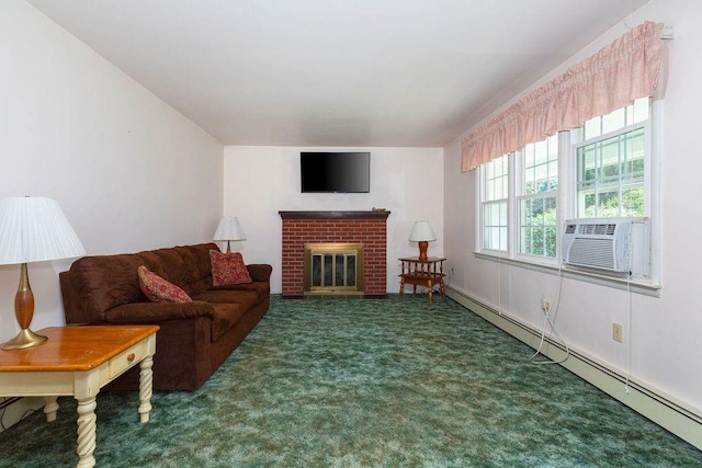 living room featuring a fireplace, cooling unit, a baseboard radiator, and dark carpet