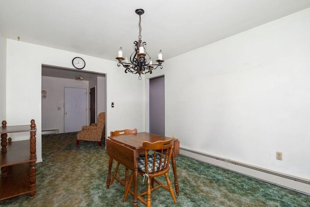 dining area with an inviting chandelier, a baseboard radiator, and dark colored carpet