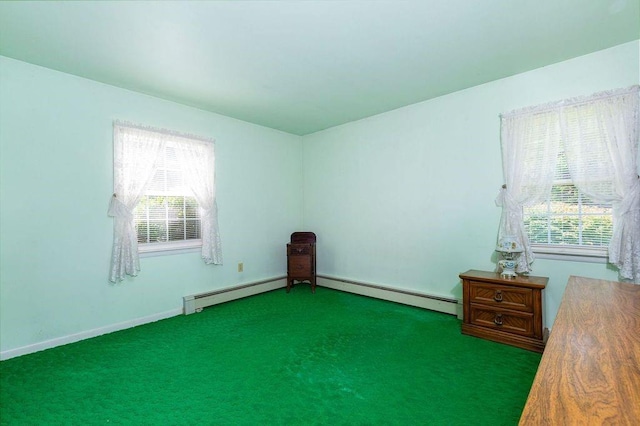 unfurnished bedroom featuring dark carpet, a baseboard radiator, and multiple windows