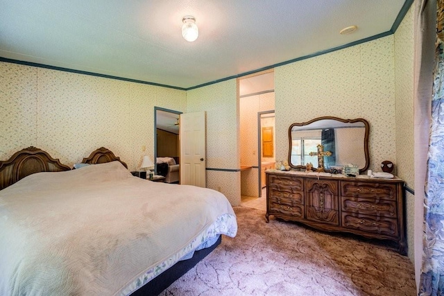 bedroom featuring light carpet and ornamental molding