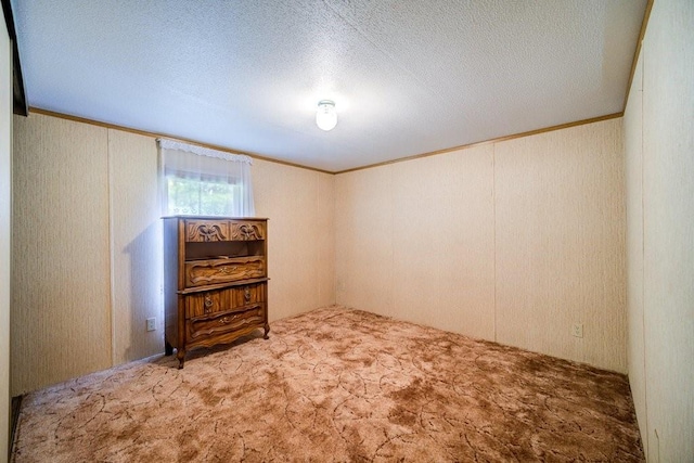 carpeted empty room featuring a textured ceiling and ornamental molding