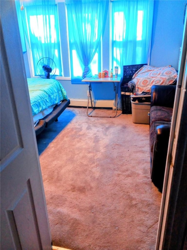 carpeted bedroom featuring a baseboard radiator and multiple windows