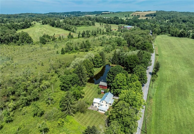 birds eye view of property with a water view and a rural view