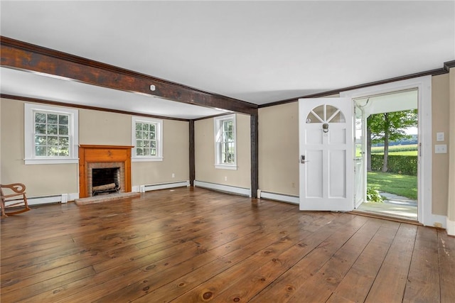 unfurnished living room with a fireplace, wood-type flooring, and a baseboard radiator