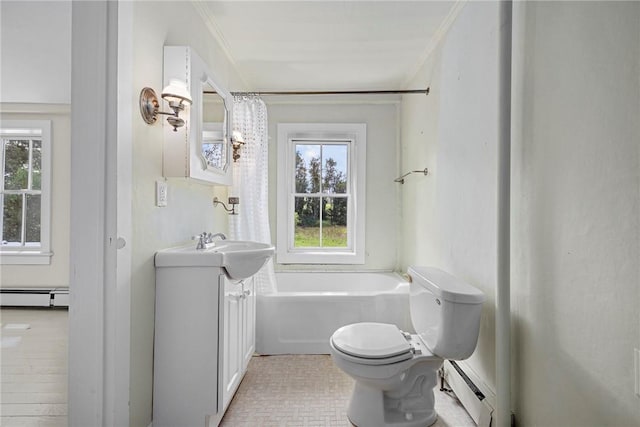 bathroom featuring vanity, a healthy amount of sunlight, crown molding, and a baseboard radiator