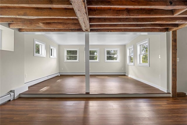 basement featuring dark hardwood / wood-style flooring, a healthy amount of sunlight, and wood ceiling