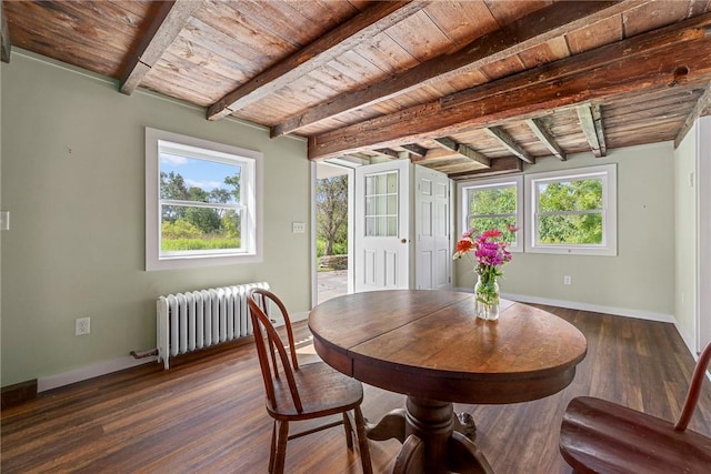 dining area with beam ceiling, radiator, dark wood-type flooring, and wood ceiling