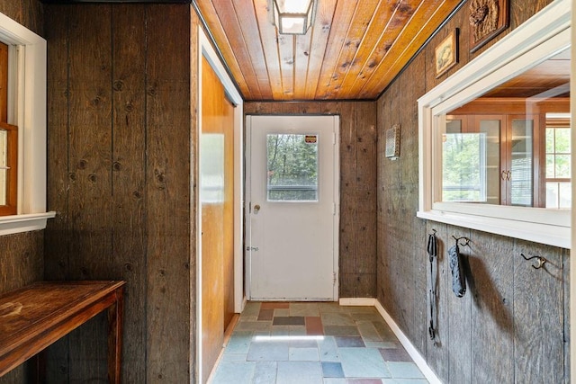 doorway to outside featuring wooden walls, plenty of natural light, and wooden ceiling