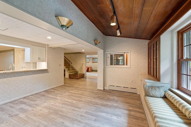 unfurnished living room featuring light wood-type flooring, track lighting, baseboard heating, and a healthy amount of sunlight