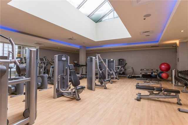 1 Renaissance Sq Unit Ph40A, White Plains, NY 10601 - workout area featuring a tray ceiling, wood finished floors, and a skylight