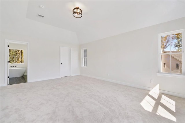 unfurnished bedroom with multiple windows, light colored carpet, and vaulted ceiling