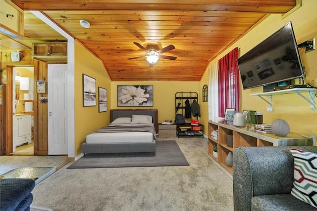 bedroom with ceiling fan, light colored carpet, lofted ceiling, and wooden ceiling