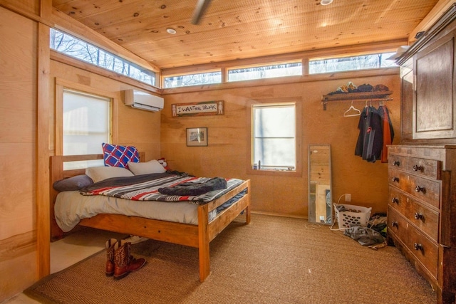 carpeted bedroom with multiple windows and wooden ceiling