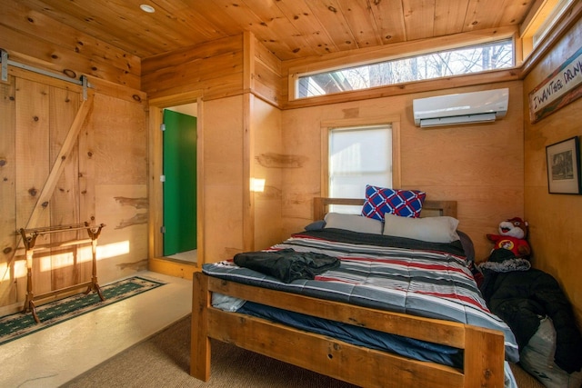 bedroom with wooden ceiling, a wall unit AC, and multiple windows