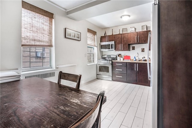 kitchen with dark brown cabinets, stainless steel appliances, radiator, and sink