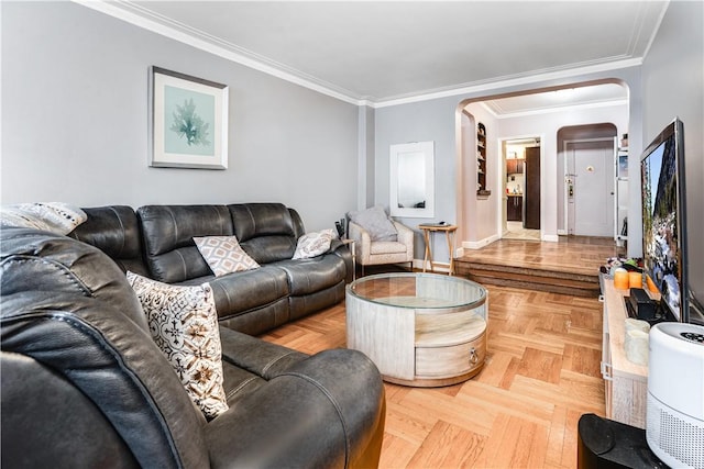 living room featuring light parquet flooring and crown molding