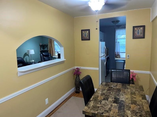 dining room with hardwood / wood-style flooring, plenty of natural light, and ceiling fan