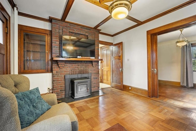 living room with parquet floors, crown molding, and a wood stove