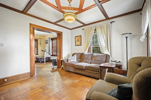 living room featuring coffered ceiling and light parquet flooring