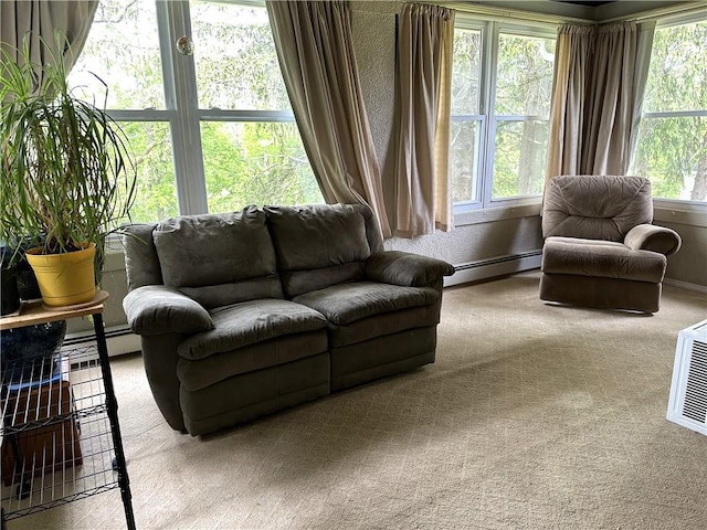 carpeted living room featuring a healthy amount of sunlight and baseboard heating