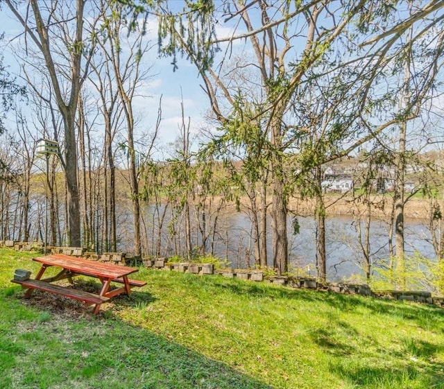 view of community featuring a lawn and a water view