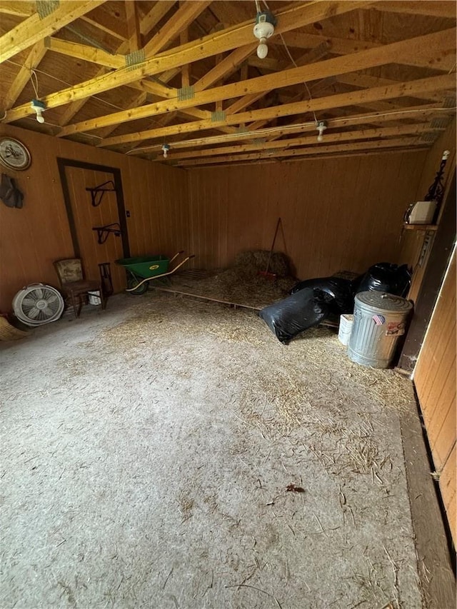 miscellaneous room with wood walls and vaulted ceiling