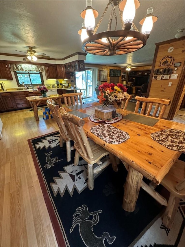 dining area featuring a textured ceiling, ceiling fan with notable chandelier, light hardwood / wood-style floors, and crown molding