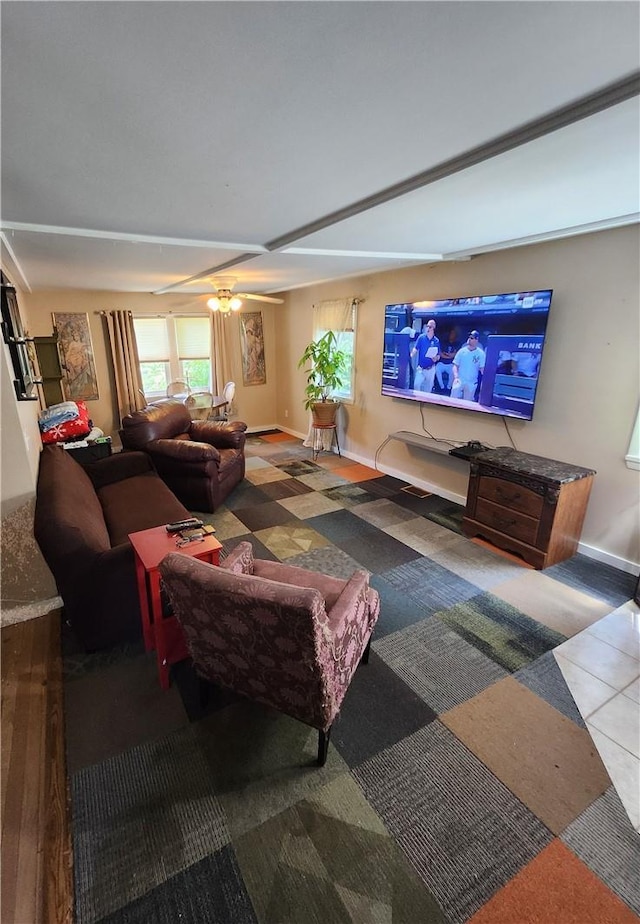 living room featuring ceiling fan