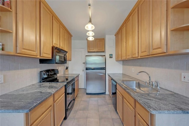280 Bronxville Rd Unit 9B, Bronxville, NY 10708 - kitchen with open shelves, black appliances, decorative backsplash, light tile patterned flooring, and decorative light fixtures