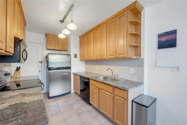 kitchen with decorative backsplash, sink, black appliances, light tile patterned floors, and decorative light fixtures