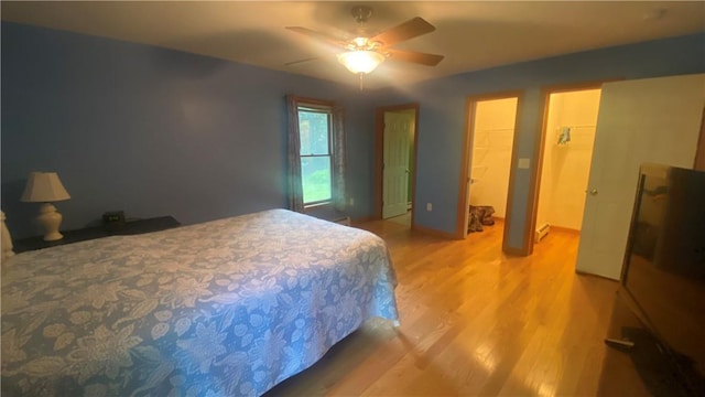 bedroom with ceiling fan, a closet, a spacious closet, and light hardwood / wood-style floors