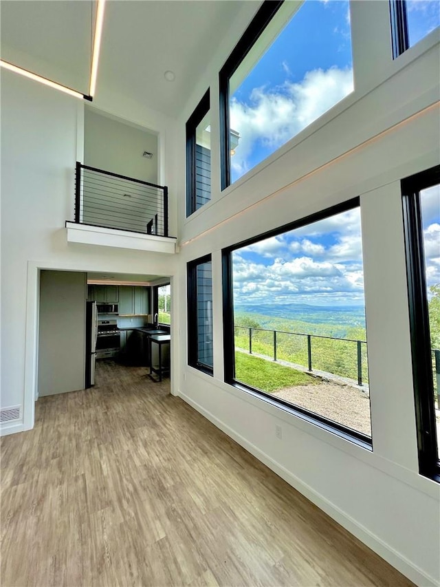 unfurnished living room with light wood-type flooring, a towering ceiling, a wealth of natural light, and sink