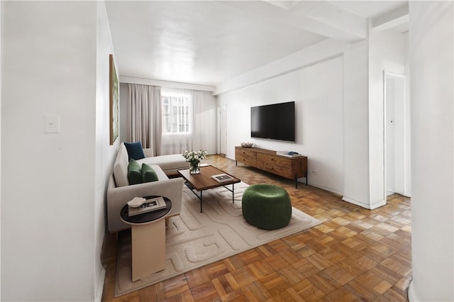 living room featuring parquet floors