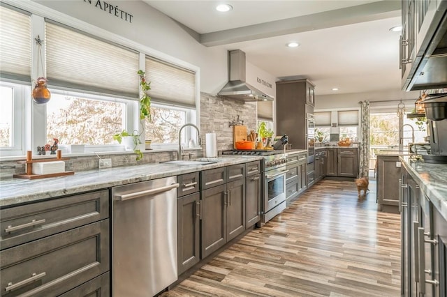 kitchen featuring a healthy amount of sunlight, sink, wall chimney exhaust hood, and stainless steel appliances